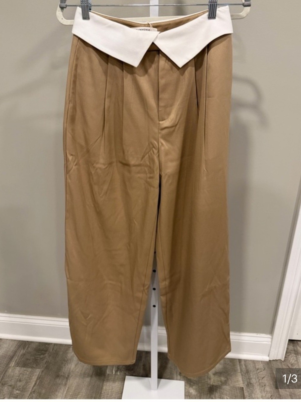 Womens Tan Wide-Leg Pants with White Contrast
